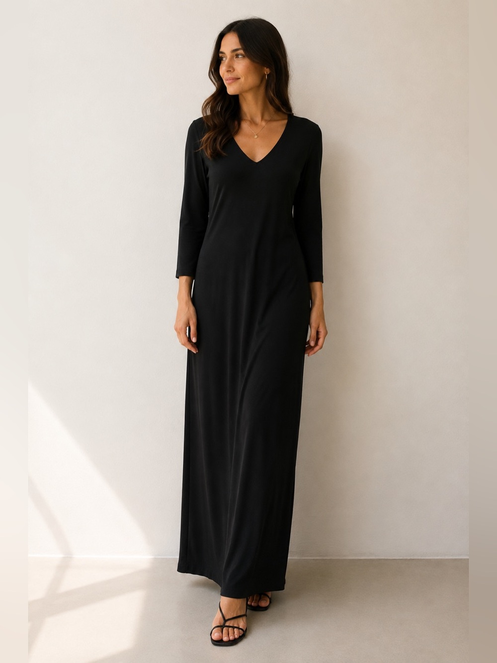 Lauren Ralph Lauren Black V Neck 100% Rayon Maxi Dress Long Sleeve Size S